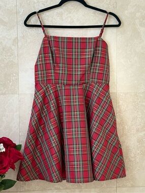 Altar’d State Red Plaid Bow Back Holiday Fit & Flare Dress Small EUC